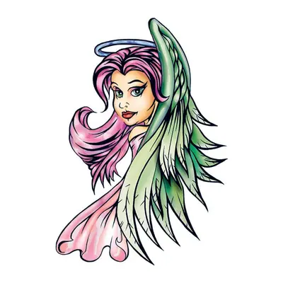 Anjo de cabelo rosa e asas verdes