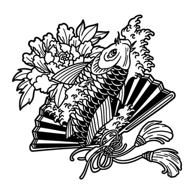 Carpa com leque e flores