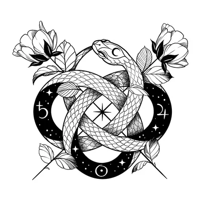 Cobras entrelaçadas com flores e luas