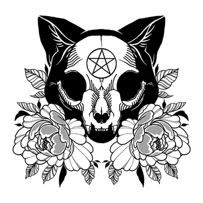 Crânio de gato com pentagrama e rosas