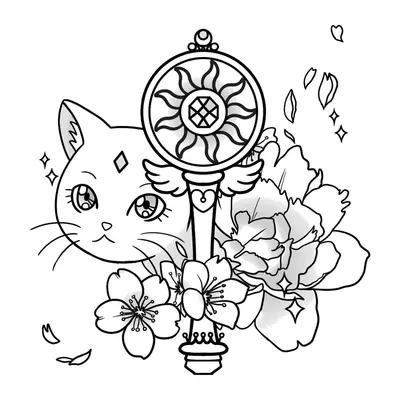Gato com chave mágica e flores