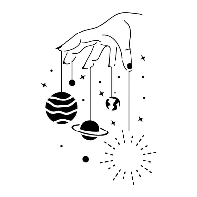 Mão com planetas pendurados