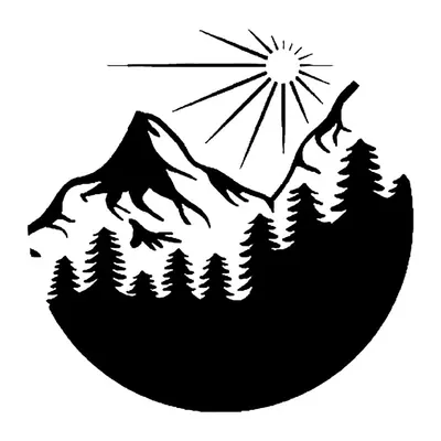 Montanhas com floresta e sol em círculo