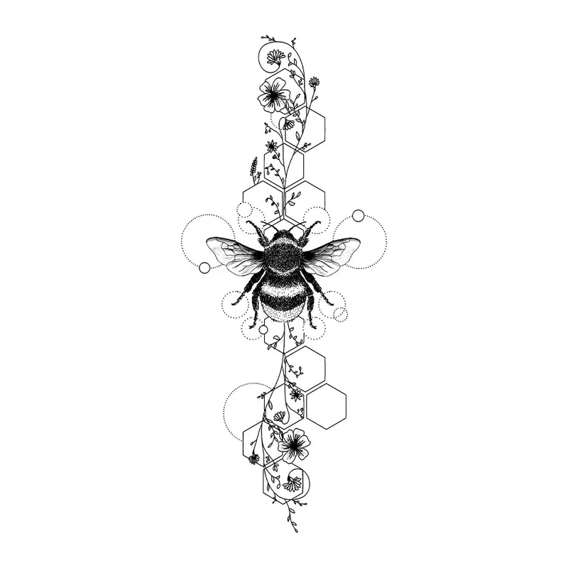 Tatuagem temporária Borboletas e Insetos — Abelha com favos e flores. Inclui abelha, flores, favos