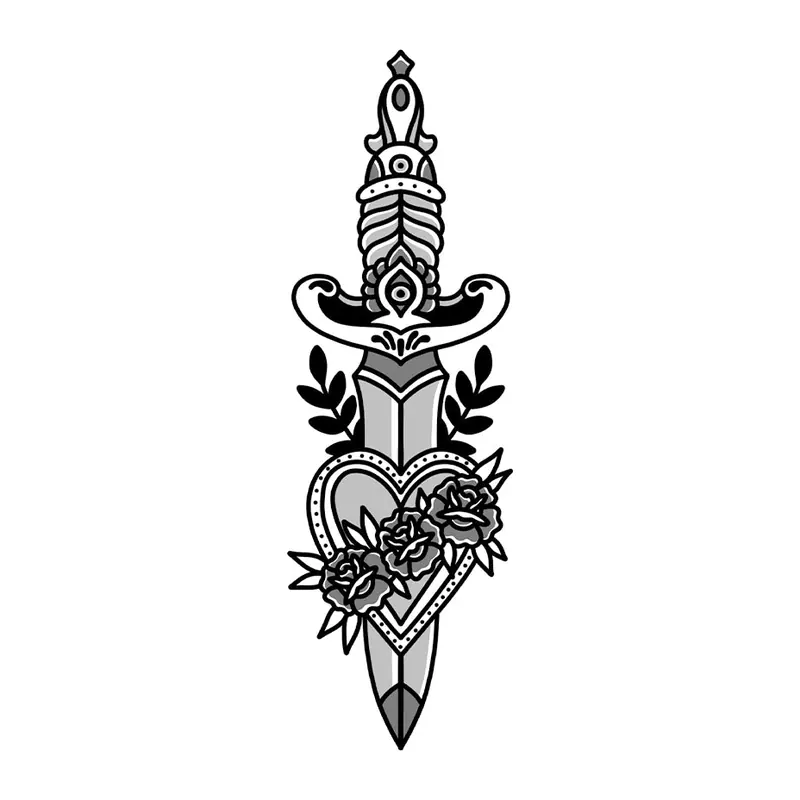 Tatuagem temporária Espadas e Armas — Adaga com coração e rosas. Inclui adaga, coração, rosas