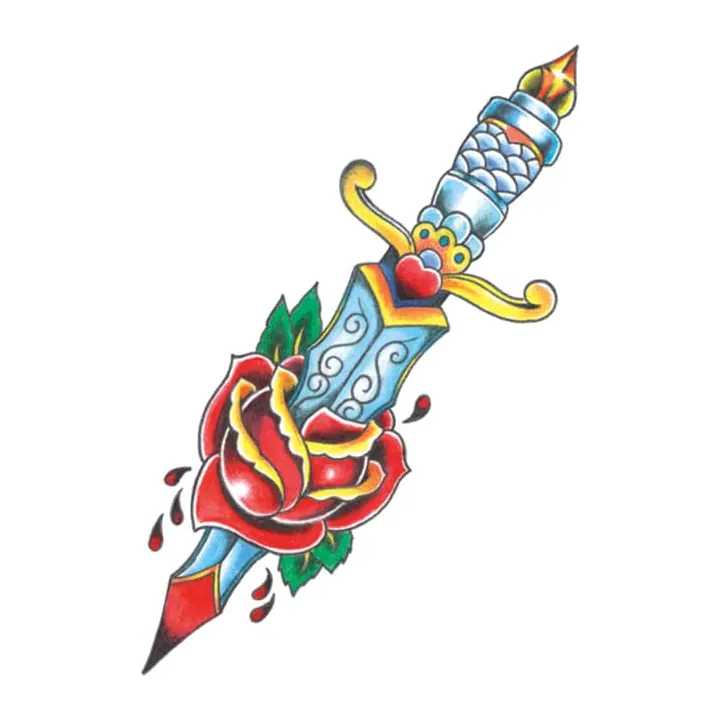 Tatuagem temporária Espadas e Armas — Adaga com rosa. Inclui adaga, rosa