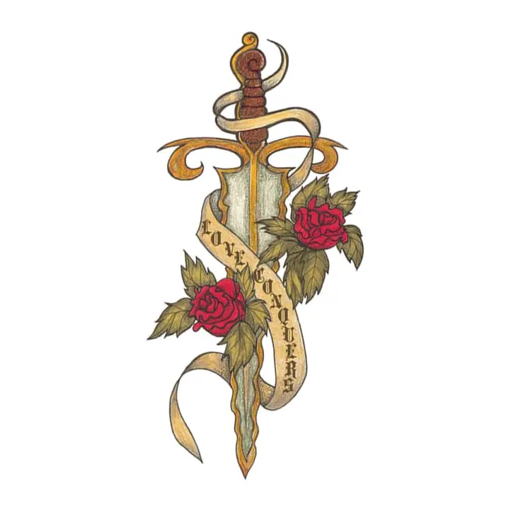 Tatuagem temporária Espadas e Armas — Adaga com rosas e fita. Inclui adaga, rosas