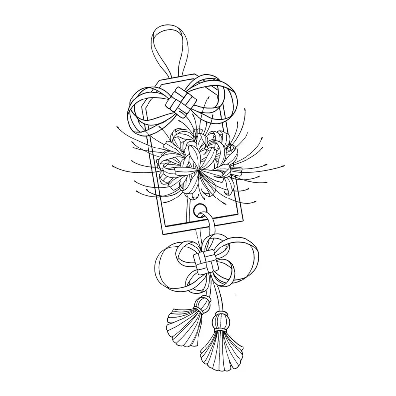 Tatuagem temporária Oriental — Amuleto japonês com flores. Inclui amuleto, flores