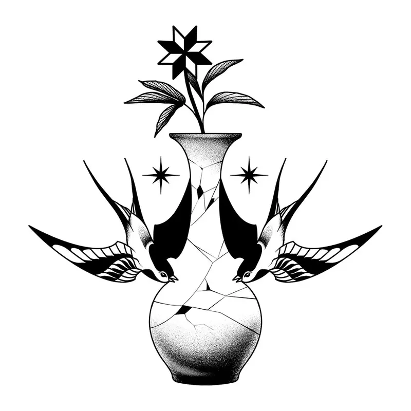 Tatuagem temporária Pássaros — Andorinhas com vaso de flor. Inclui andorinhas, vaso