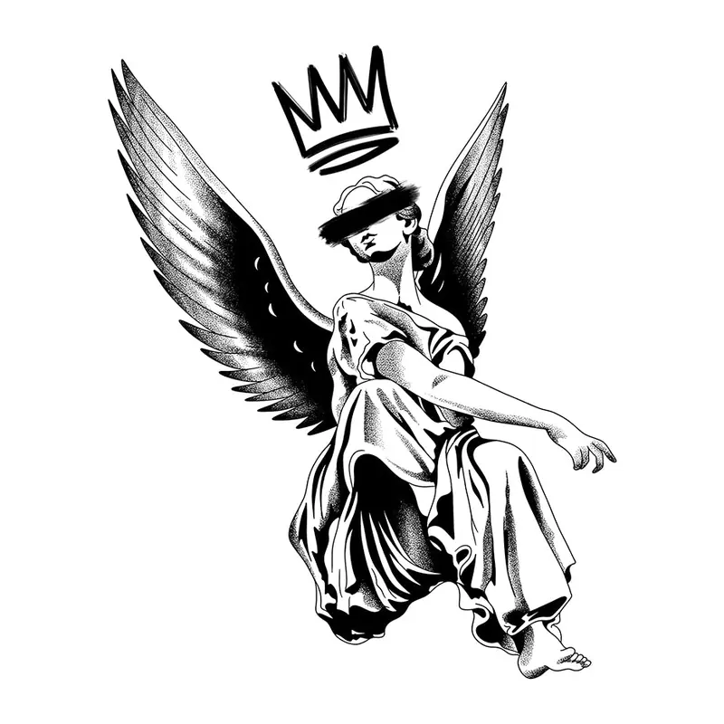 Tatuagem temporária Espiritual e Religioso — Anjo coroado de olhos vendados. Inclui anjo, coroa