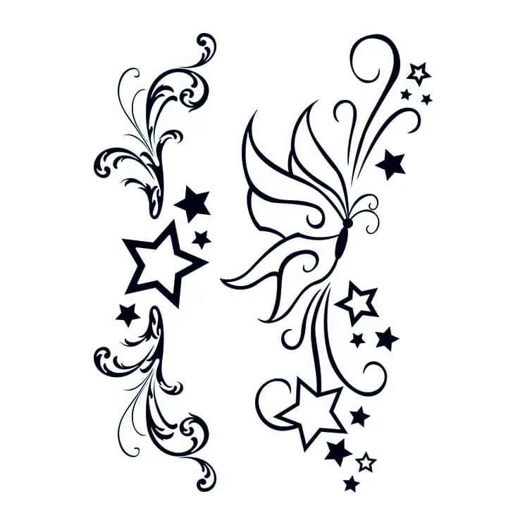 Tatuagem temporária Minimalista — Arabescos com estrelas. Inclui estrelas, arabescos