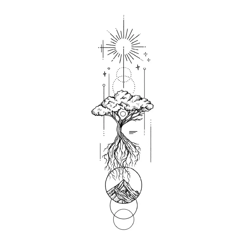 Tatuagem temporária Folhas e Plantas — Árvore com raízes e ornamento. Inclui árvore, raízes