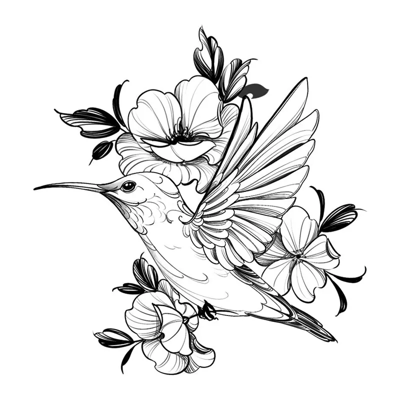 Tatuagem temporária Pássaros — Beija-flor com flores. Inclui beija-flor, flores