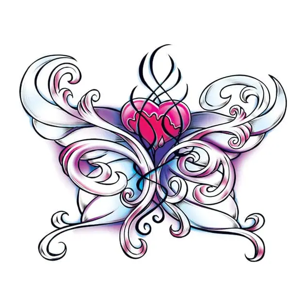 Tatuagem temporária Borboletas e Insetos — Borboleta ornamental com coração. Inclui borboleta, coração