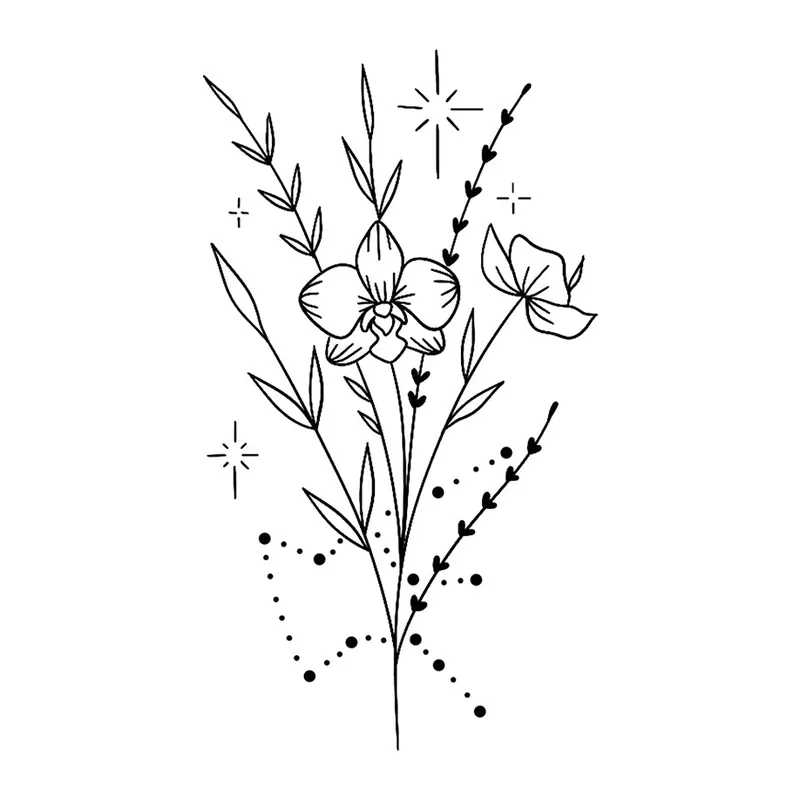 Tatuagem temporária Flores — Buquê silvestre com estrelas. Inclui flores, estrelas