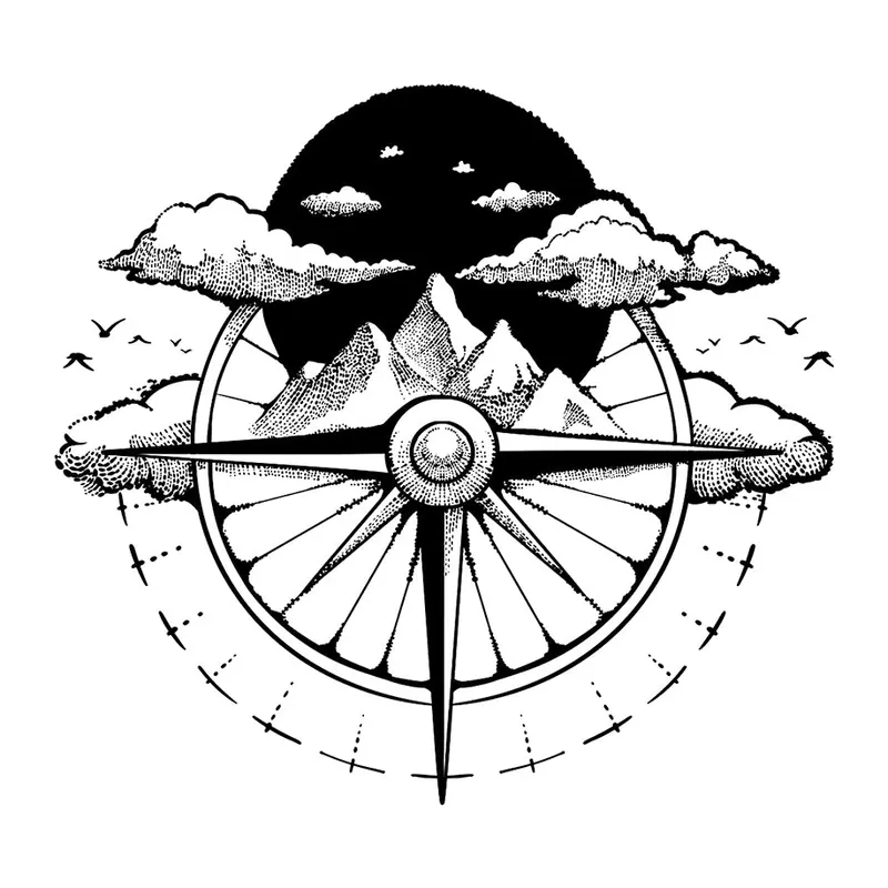 Tatuagem temporária Viagem e Aventura — Bússola com montanhas e nuvens. Inclui bússola, montanhas, nuvens