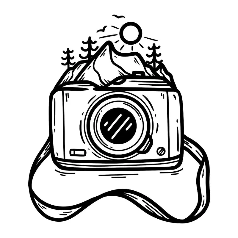Tatuagem temporária Viagem e Aventura — Câmera com paisagem. Inclui câmera, montanhas