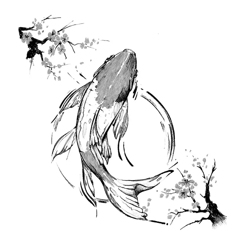 Tatuagem temporária Oriental — Carpa koi com lua. Inclui carpa, lua