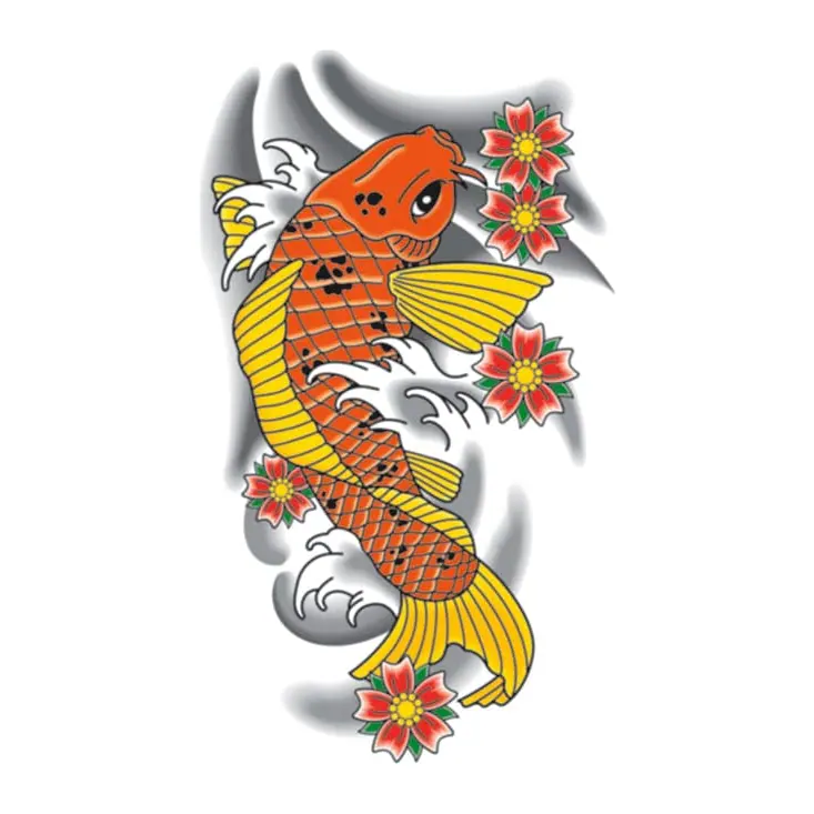 Tatuagem temporária Oriental — Carpa koi laranja. Inclui carpa, flores