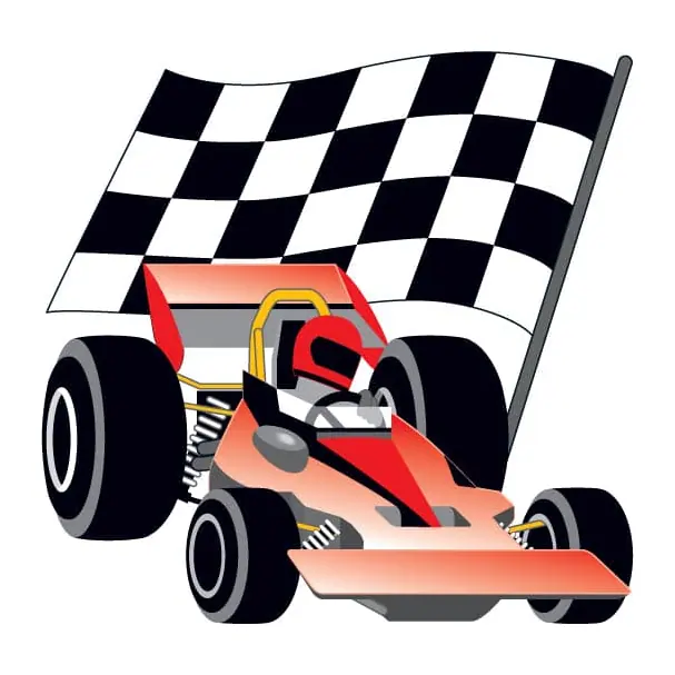 Tatuagem temporária Objetos — Carro de corrida com bandeira quadriculada. Inclui carro, bandeira
