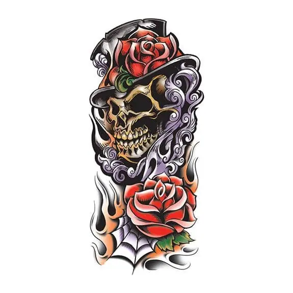 Tatuagem temporária Caveiras e Sombrio — Caveira com cartola e rosas — Modelo 1. Inclui caveira, rosas