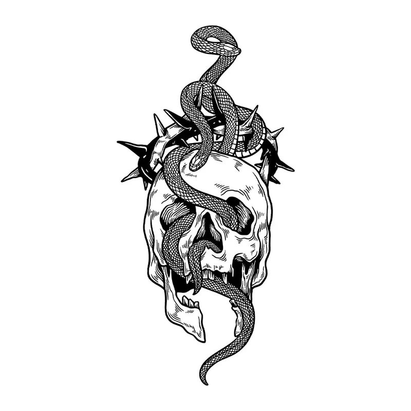 Tatuagem temporária Caveiras e Sombrio — Caveira com cobra e espinhos. Inclui caveira, cobra, espinhos