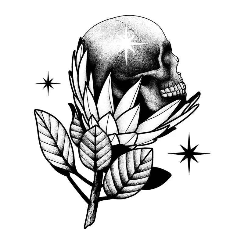Tatuagem temporária Caveiras e Sombrio — Caveira com flor protea. Inclui caveira, flor, estrelas