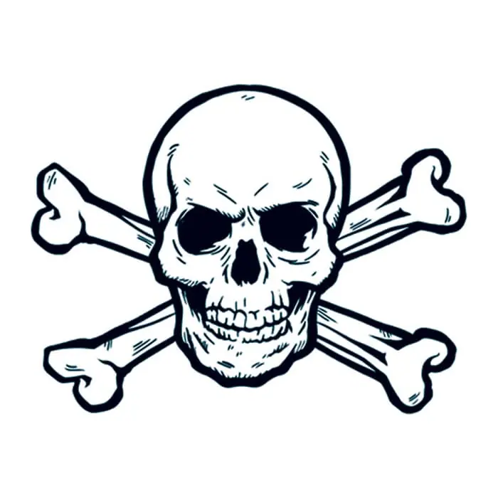 Tatuagem temporária Caveiras e Sombrio — Caveira com ossos cruzados — Modelo 2. Inclui caveira, ossos