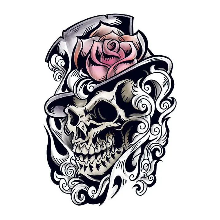 Tatuagem temporária Caveiras e Sombrio — Caveira de cartola com rosa. Inclui caveira, rosa