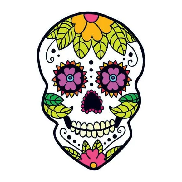 Tatuagem temporária Caveiras e Sombrio — Caveira mexicana com girassóis. Inclui caveira, girassóis