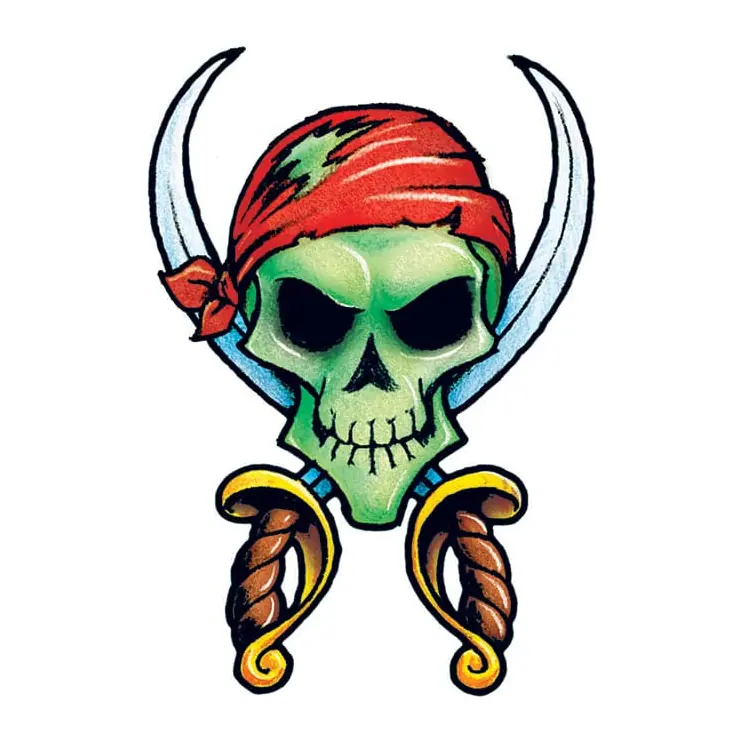 Tatuagem temporária Caveiras e Sombrio — Caveira pirata verde. Inclui caveira, espadas