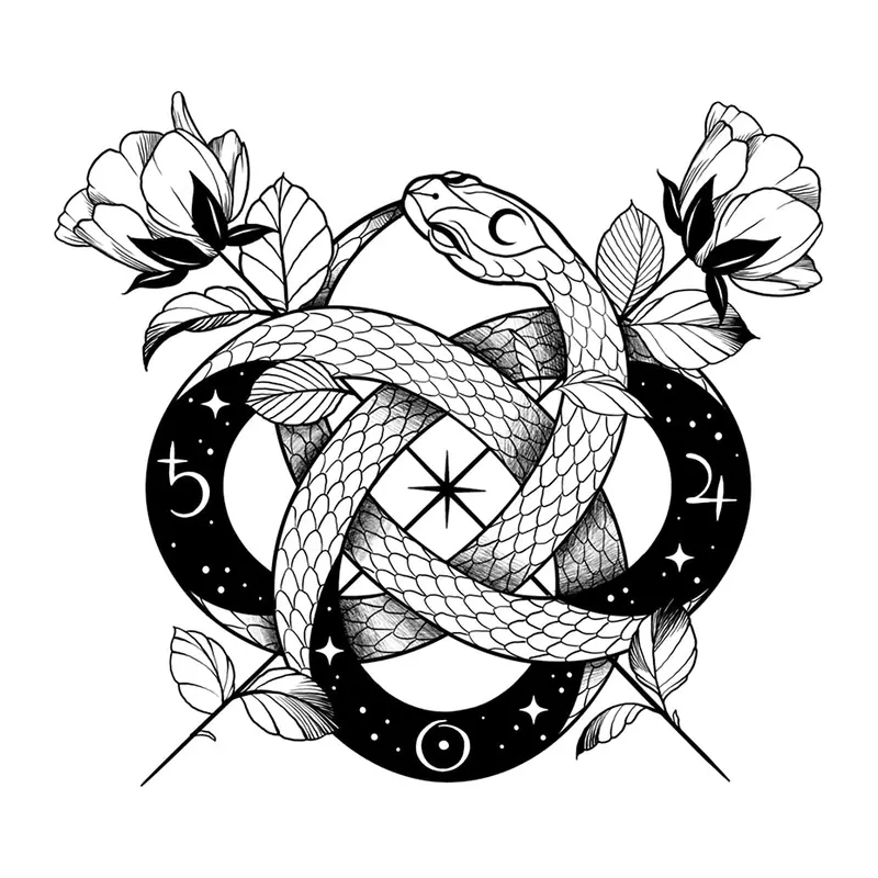 Tatuagem temporária Cobras e Répteis — Cobras entrelaçadas com flores e luas. Inclui cobra, flores, luas