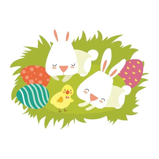 Tatuagem temporária Datas e Festas — Coelhinhos de Páscoa na grama. Inclui coelhos, ovos, pintinho