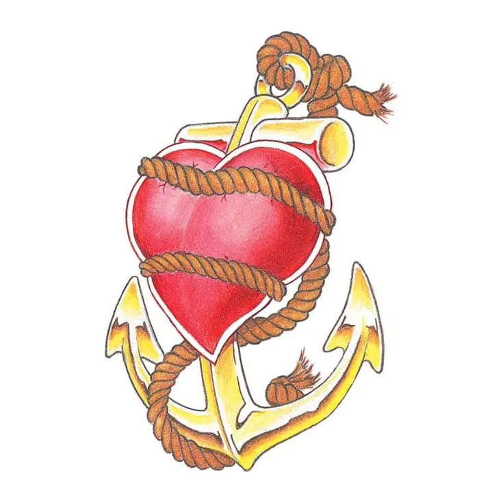 Tatuagem temporária Corações e Amor — Coração com âncora e corda. Inclui coração, âncora, corda