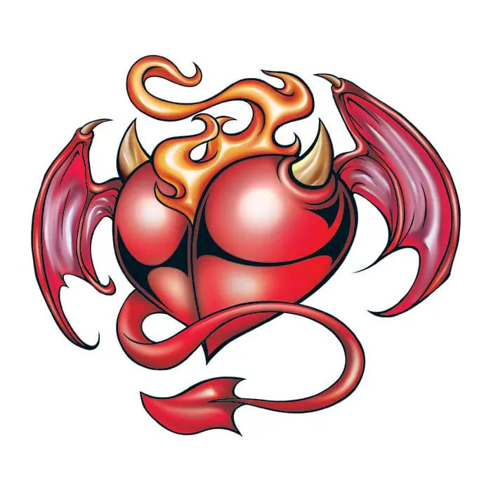 Tatuagem temporária Corações e Amor — Coração com asas de diabo e chamas. Inclui coração, chamas, asas