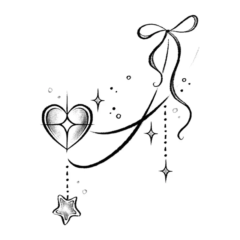 Tatuagem temporária Corações e Amor — Coração com laço e pingentes. Inclui coração, laço, estrelas