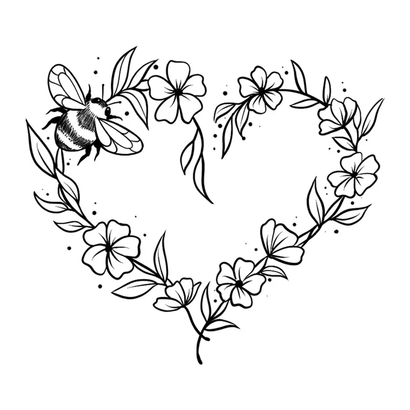 Tatuagem temporária Flores — Coração de flores com abelha. Inclui flores, abelha