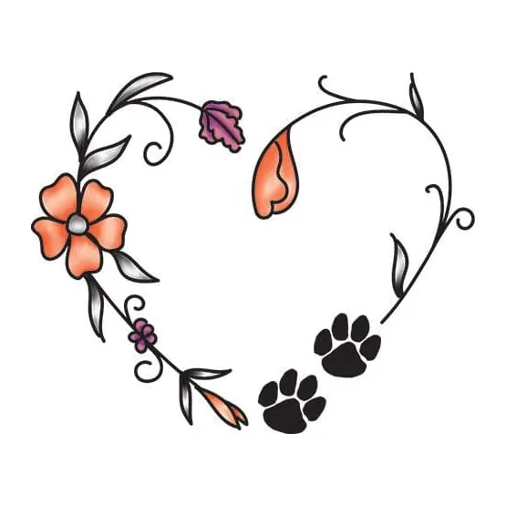 Tatuagem temporária Corações e Amor — Coração de flores com patinhas. Inclui coração, flores, patinhas