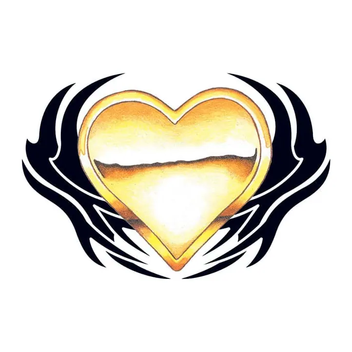 Tatuagem temporária Corações e Amor — Coração dourado com asas tribais. Inclui coração, asas