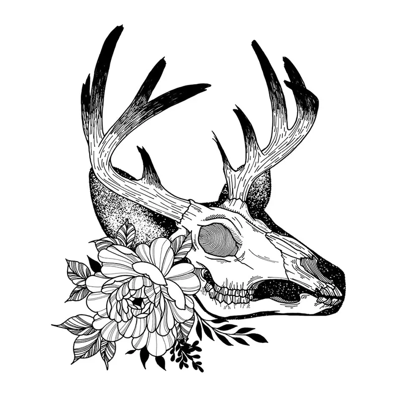 Tatuagem temporária Caveiras e Sombrio — Crânio de cervo com flores. Inclui crânio, flores, chifres
