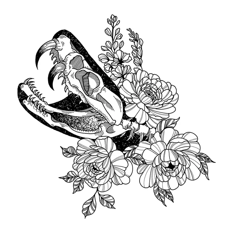 Tatuagem temporária Caveiras e Sombrio — Crânio de cobra com flores. Inclui crânio, flores