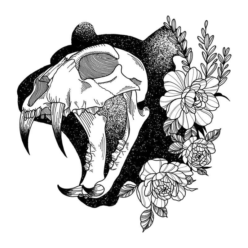 Tatuagem temporária Caveiras e Sombrio — Crânio de felino com flores. Inclui crânio, flores