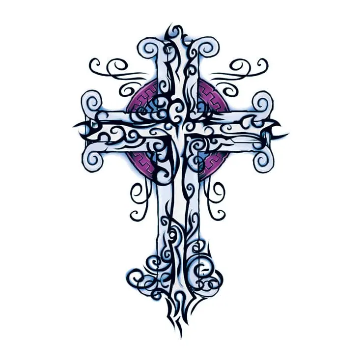 Tatuagem temporária Espiritual e Religioso — Cruz ornamentada azul. Inclui cruz