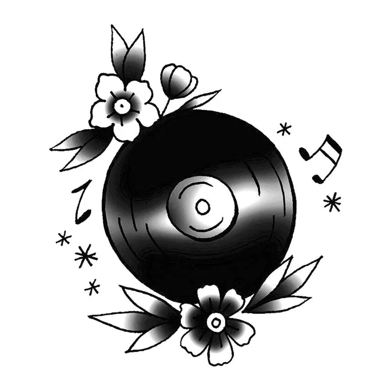 Tatuagem temporária Música — Disco de vinil com flores. Inclui vinil, flores
