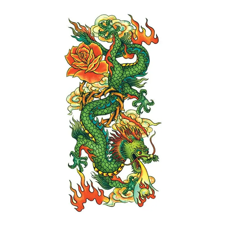 Tatuagem temporária Dragões e Fantasia — Dragões chineses com rosas. Inclui dragões, rosas