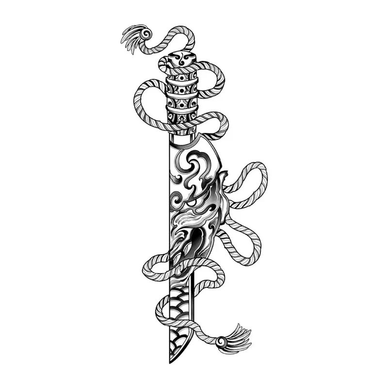 Tatuagem temporária Espadas e Armas — Espada com corda e dragão. Inclui espada, dragão