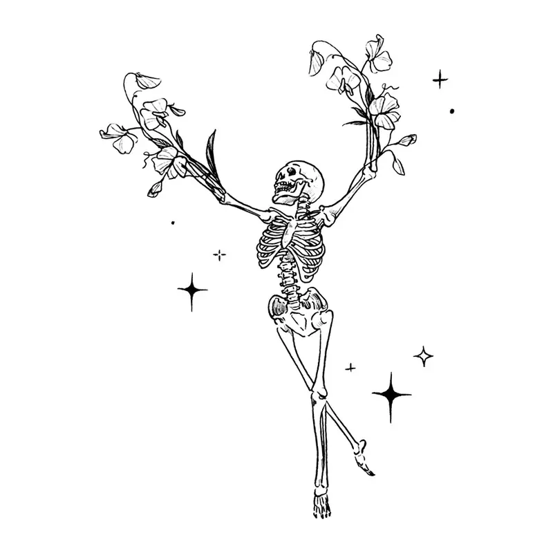 Tatuagem temporária Caveiras e Sombrio — Esqueleto com flores. Inclui esqueleto, flores