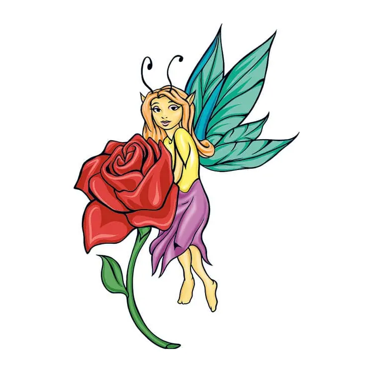 Tatuagem temporária Dragões e Fantasia — Fada com rosa. Inclui fada, rosa