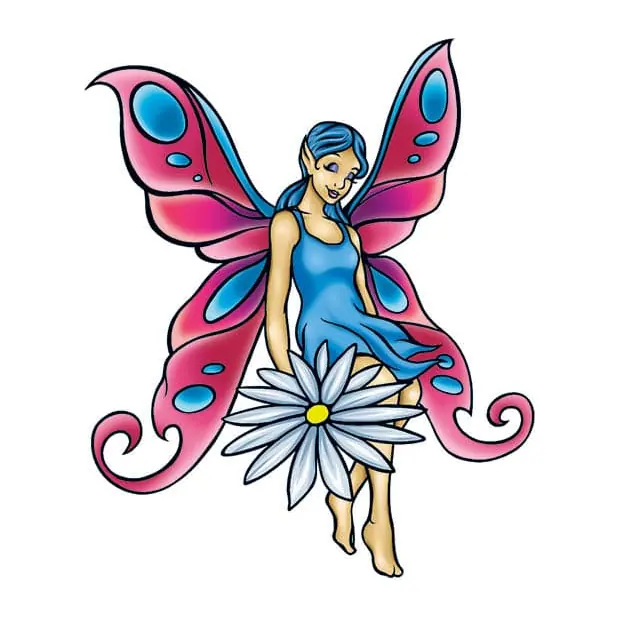 Tatuagem temporária Dragões e Fantasia — Fada de asas rosa e azul. Inclui fada