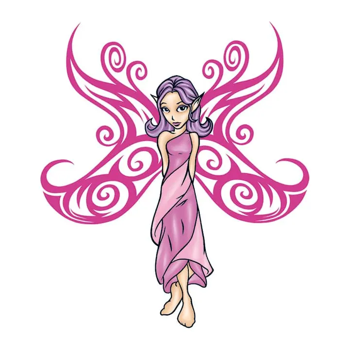 Tatuagem temporária Dragões e Fantasia — Fada roxa de asas rosa. Inclui fada